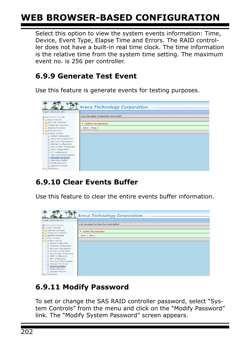 9 generate test event, 10 clear events buffer, 11 modify password | Web browser-based configuration | Areca 24/4 Internal/External Port Pcie 3.0 12 Gb/s SAS/SATA Raid Controller 2Gb Cache User Manual | Page 202 / 264