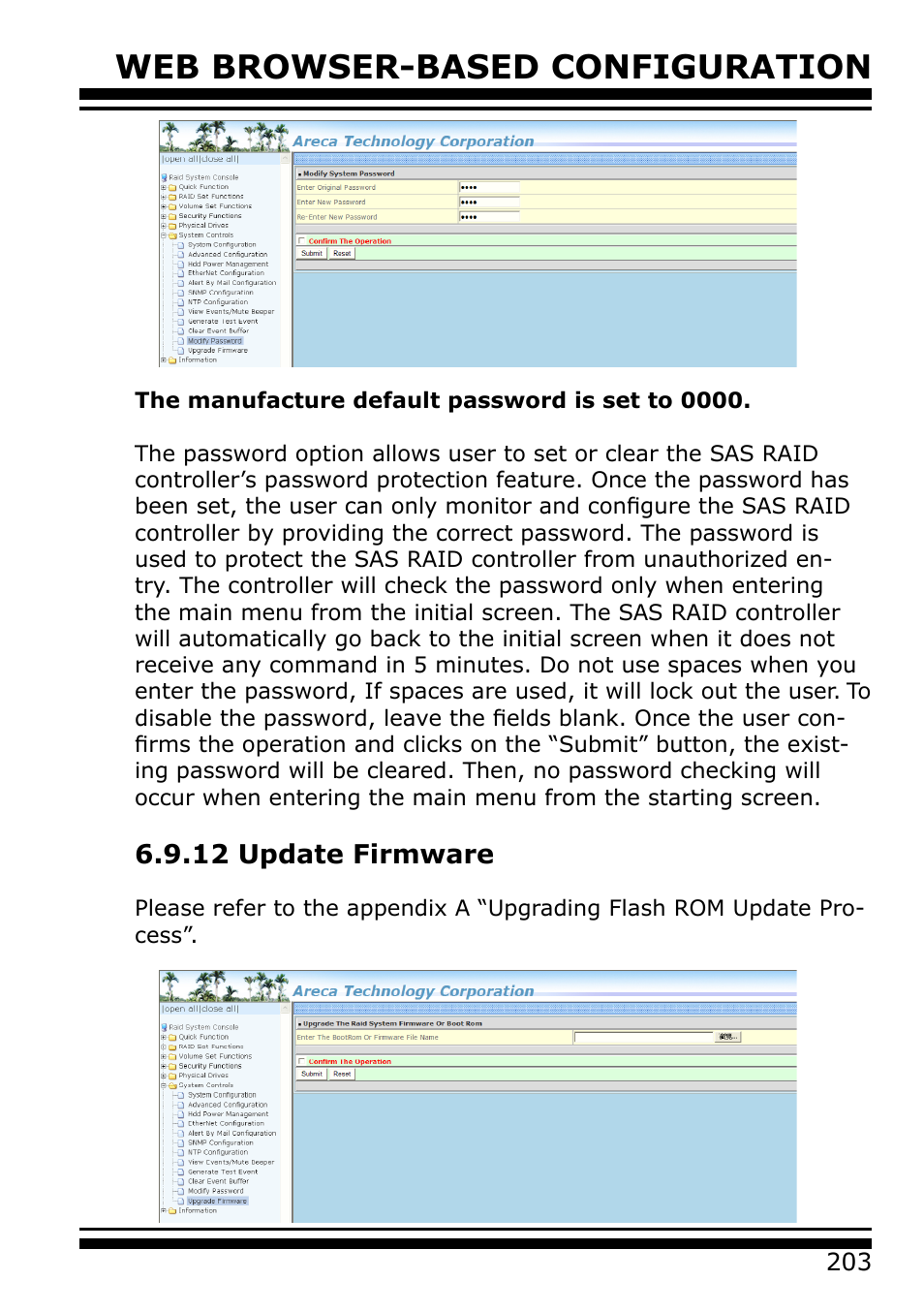 12 update firmware, Web browser-based configuration | Areca 24/4 Internal/External Port Pcie 3.0 12 Gb/s SAS/SATA Raid Controller 2Gb Cache User Manual | Page 203 / 264