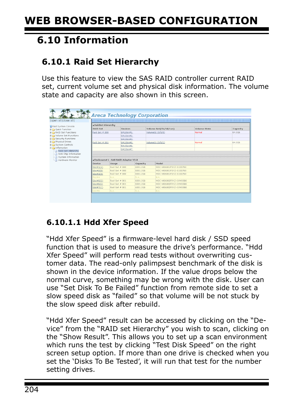 10 information, 1 raid set hierarchy, 1 hdd xfer speed | Web browser-based configuration | Areca 24/4 Internal/External Port Pcie 3.0 12 Gb/s SAS/SATA Raid Controller 2Gb Cache User Manual | Page 204 / 264