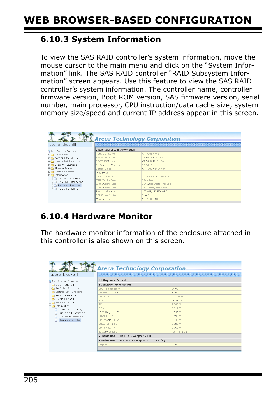 3 system information, 4 hardware monitor, Web browser-based configuration | Areca 24/4 Internal/External Port Pcie 3.0 12 Gb/s SAS/SATA Raid Controller 2Gb Cache User Manual | Page 206 / 264