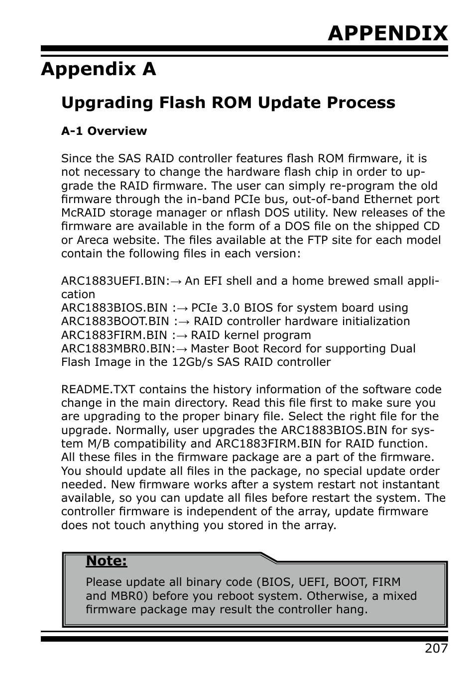 Appendix a, Upgrading flash rom update process, Appendix | Areca 24/4 Internal/External Port Pcie 3.0 12 Gb/s SAS/SATA Raid Controller 2Gb Cache User Manual | Page 207 / 264