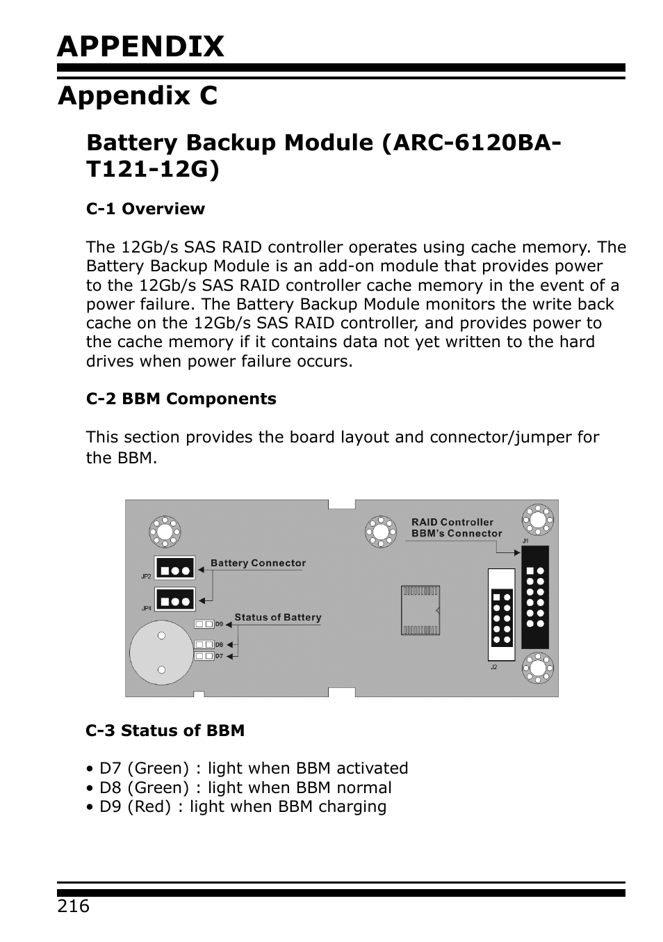 Appendix c, Battery backup module (arc-6120ba-t121-12g), Appendix | Areca 24/4 Internal/External Port Pcie 3.0 12 Gb/s SAS/SATA Raid Controller 2Gb Cache User Manual | Page 216 / 264
