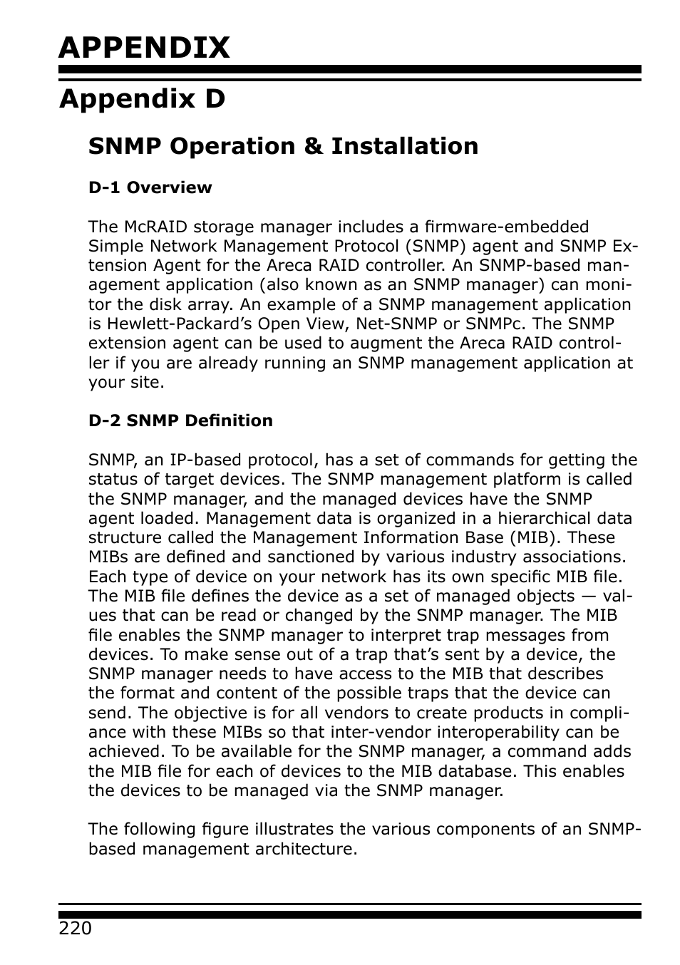 Appendix d, Snmp operation & installation, Appendix | Areca 24/4 Internal/External Port Pcie 3.0 12 Gb/s SAS/SATA Raid Controller 2Gb Cache User Manual | Page 220 / 264