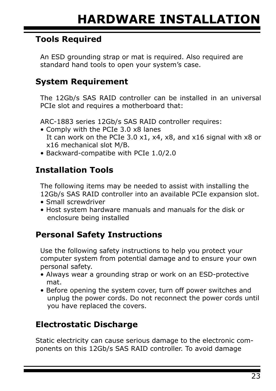 Hardware installation, Tools required, System requirement | Installation tools, Personal safety instructions, Electrostatic discharge | Areca 24/4 Internal/External Port Pcie 3.0 12 Gb/s SAS/SATA Raid Controller 2Gb Cache User Manual | Page 23 / 264