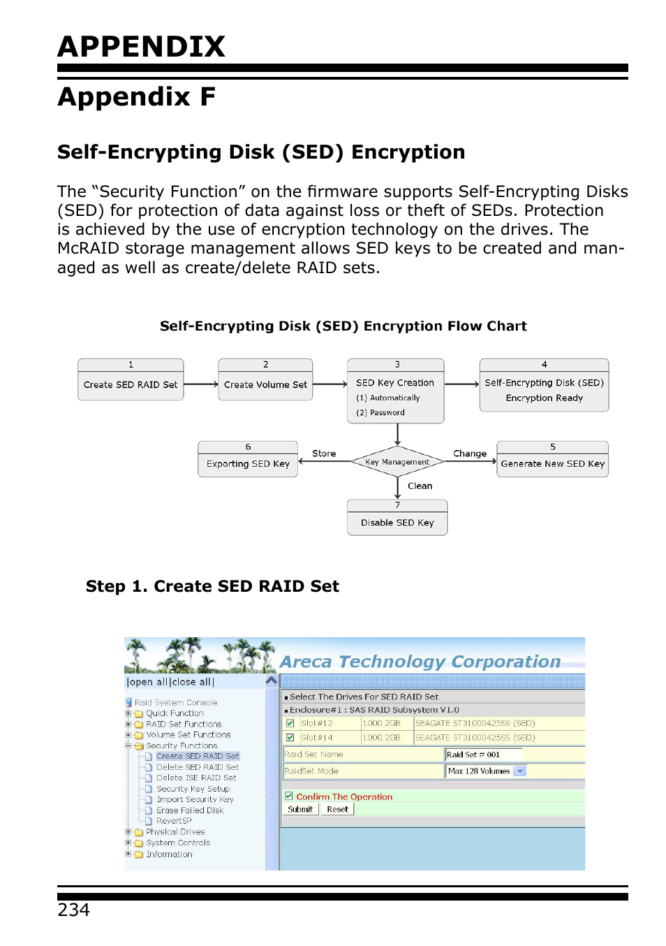 Appendix f, Self-encrypting disk (sed) encryption, Appendix | Areca 24/4 Internal/External Port Pcie 3.0 12 Gb/s SAS/SATA Raid Controller 2Gb Cache User Manual | Page 234 / 264