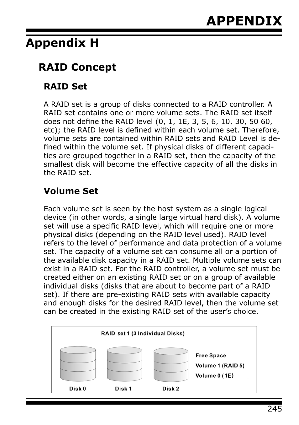 Appendix h, Raid concept, Raid set | Volume set, Appendix | Areca 24/4 Internal/External Port Pcie 3.0 12 Gb/s SAS/SATA Raid Controller 2Gb Cache User Manual | Page 245 / 264