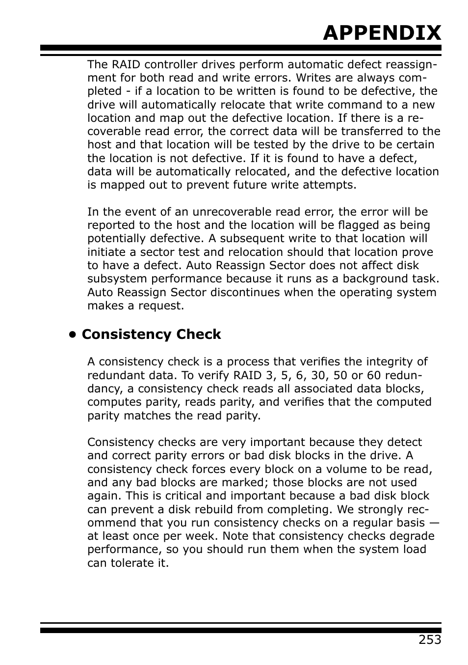 Consistency check, Appendix | Areca 24/4 Internal/External Port Pcie 3.0 12 Gb/s SAS/SATA Raid Controller 2Gb Cache User Manual | Page 253 / 264