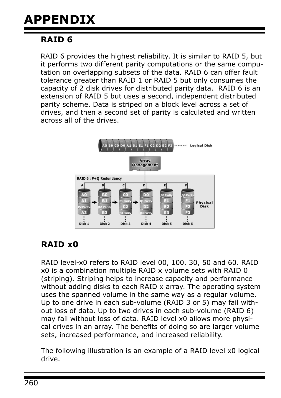 Raid 6, Raid x0, Appendix | Areca 24/4 Internal/External Port Pcie 3.0 12 Gb/s SAS/SATA Raid Controller 2Gb Cache User Manual | Page 260 / 264