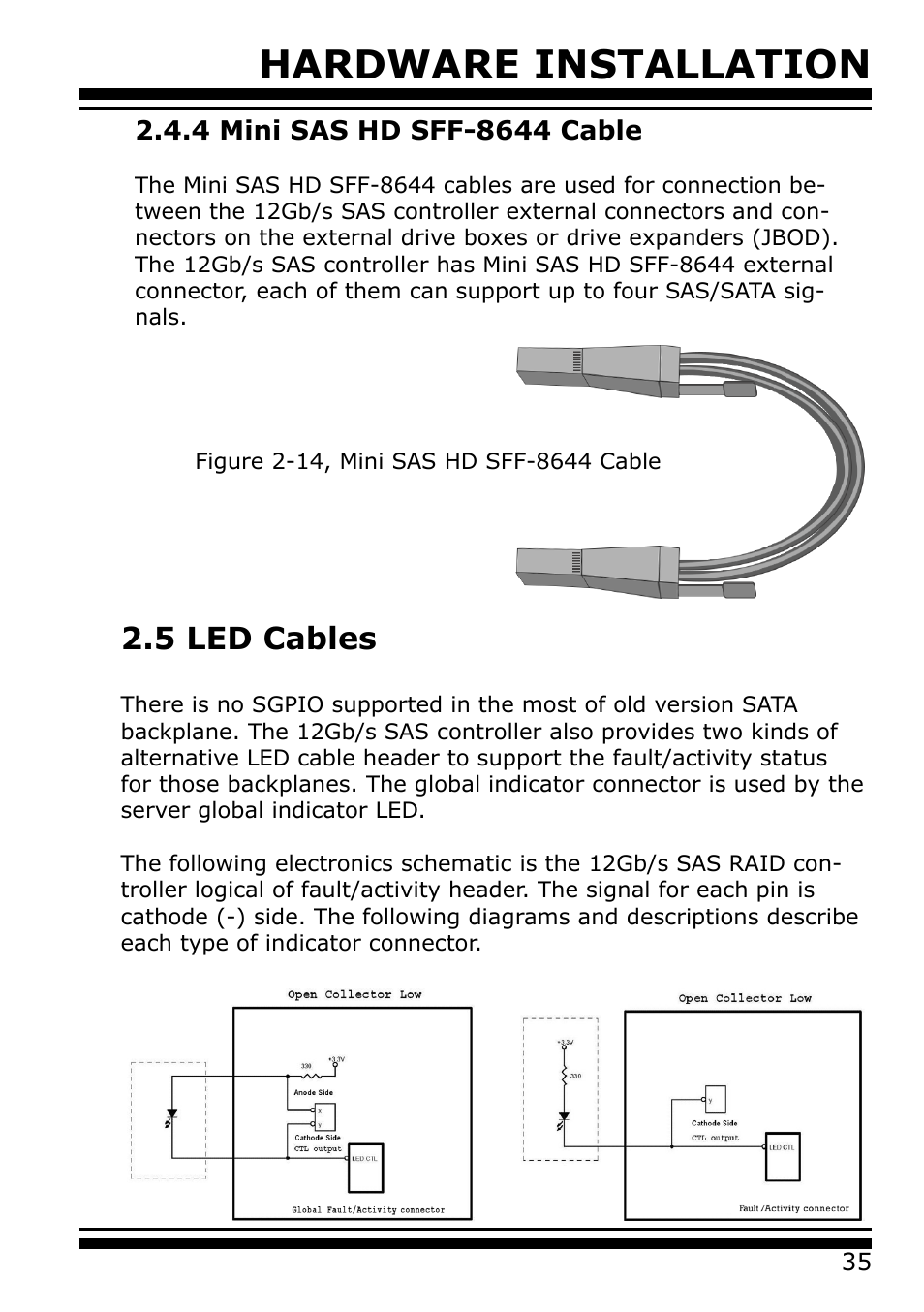 4 mini sas hd sff-8644 cable, 5 led cables, Hardware installation | Areca 24/4 Internal/External Port Pcie 3.0 12 Gb/s SAS/SATA Raid Controller 2Gb Cache User Manual | Page 35 / 264