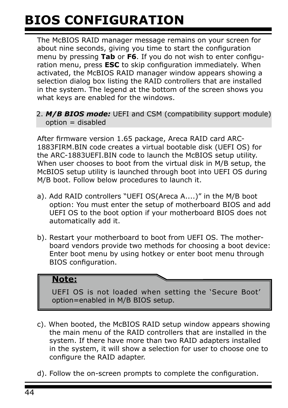 Bios configuration | Areca 24/4 Internal/External Port Pcie 3.0 12 Gb/s SAS/SATA Raid Controller 2Gb Cache User Manual | Page 44 / 264