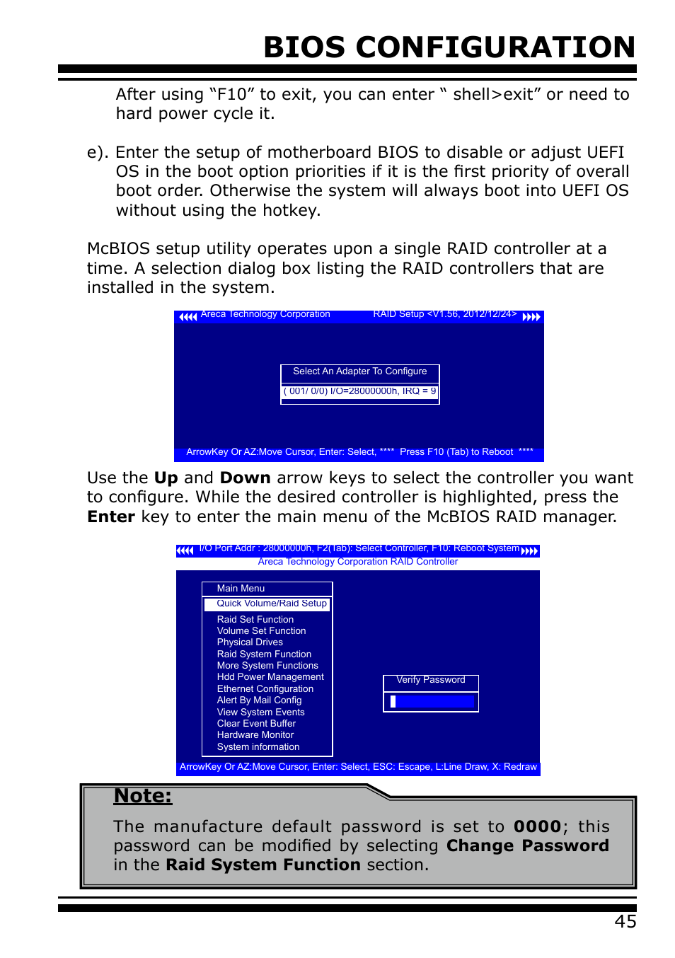 Bios configuration | Areca 24/4 Internal/External Port Pcie 3.0 12 Gb/s SAS/SATA Raid Controller 2Gb Cache User Manual | Page 45 / 264
