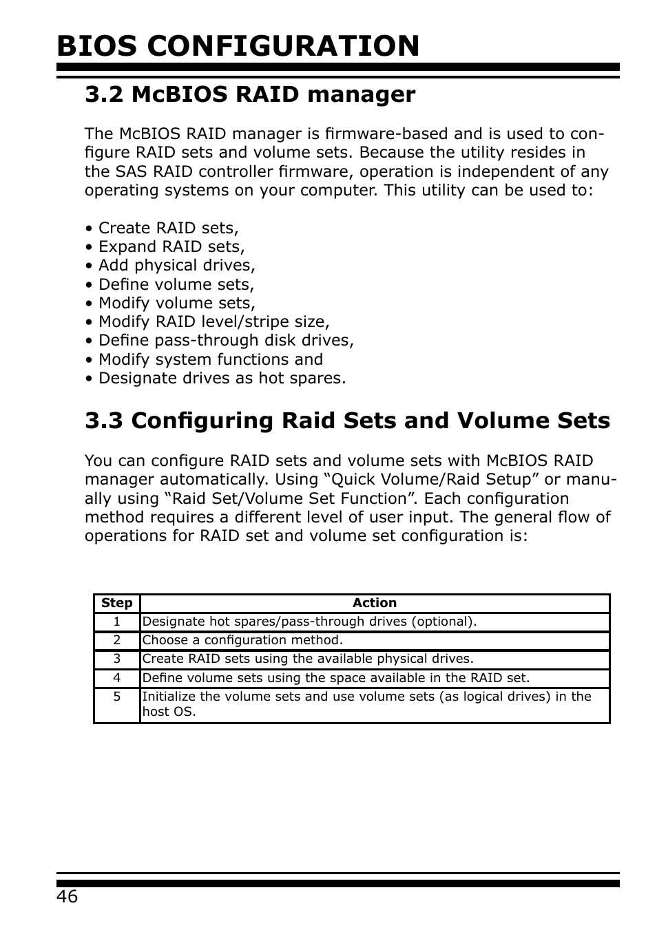 2 mcbios raid manager, 3 configuring raid sets and volume sets, Bios configuration | Areca 24/4 Internal/External Port Pcie 3.0 12 Gb/s SAS/SATA Raid Controller 2Gb Cache User Manual | Page 46 / 264