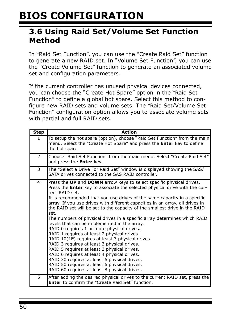 6 using raid set/volume set function method, Bios configuration | Areca 24/4 Internal/External Port Pcie 3.0 12 Gb/s SAS/SATA Raid Controller 2Gb Cache User Manual | Page 50 / 264