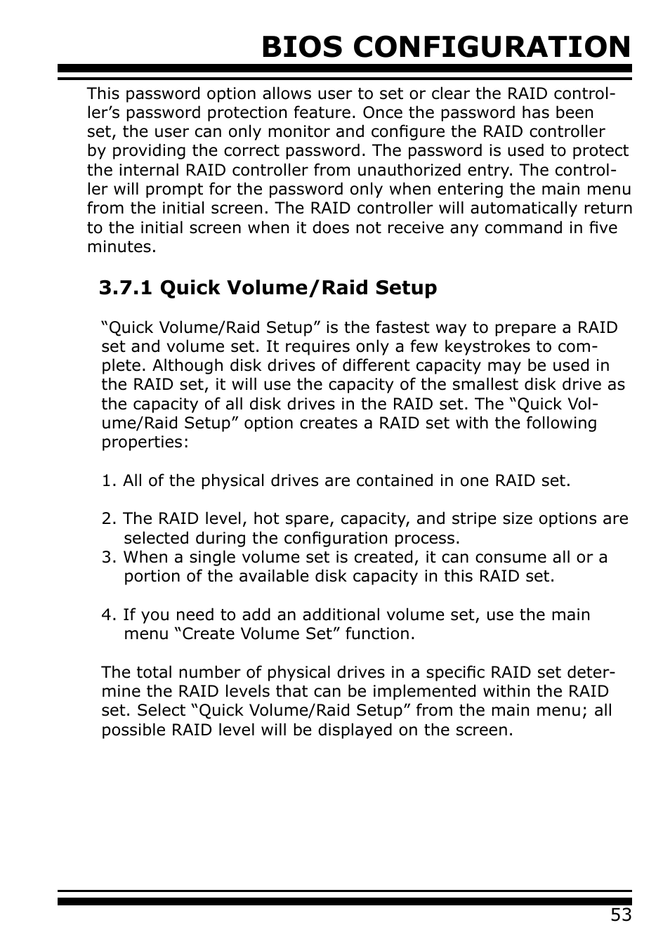1 quick volume/raid setup, Bios configuration | Areca 24/4 Internal/External Port Pcie 3.0 12 Gb/s SAS/SATA Raid Controller 2Gb Cache User Manual | Page 53 / 264