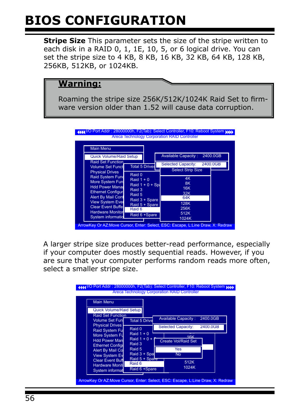Bios configuration, Warning | Areca 24/4 Internal/External Port Pcie 3.0 12 Gb/s SAS/SATA Raid Controller 2Gb Cache User Manual | Page 56 / 264