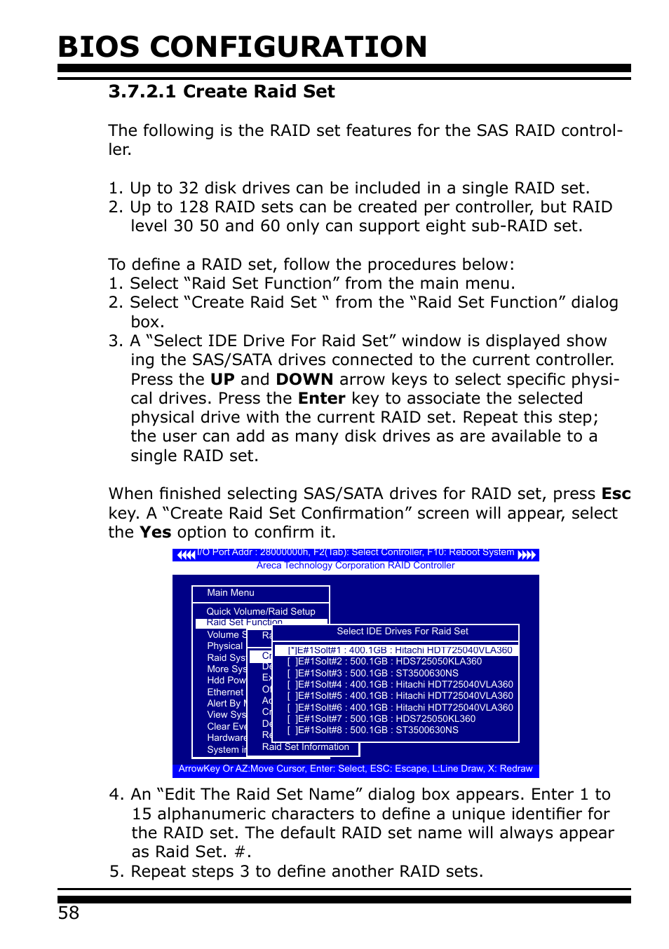 1 create raid set, Bios configuration | Areca 24/4 Internal/External Port Pcie 3.0 12 Gb/s SAS/SATA Raid Controller 2Gb Cache User Manual | Page 58 / 264