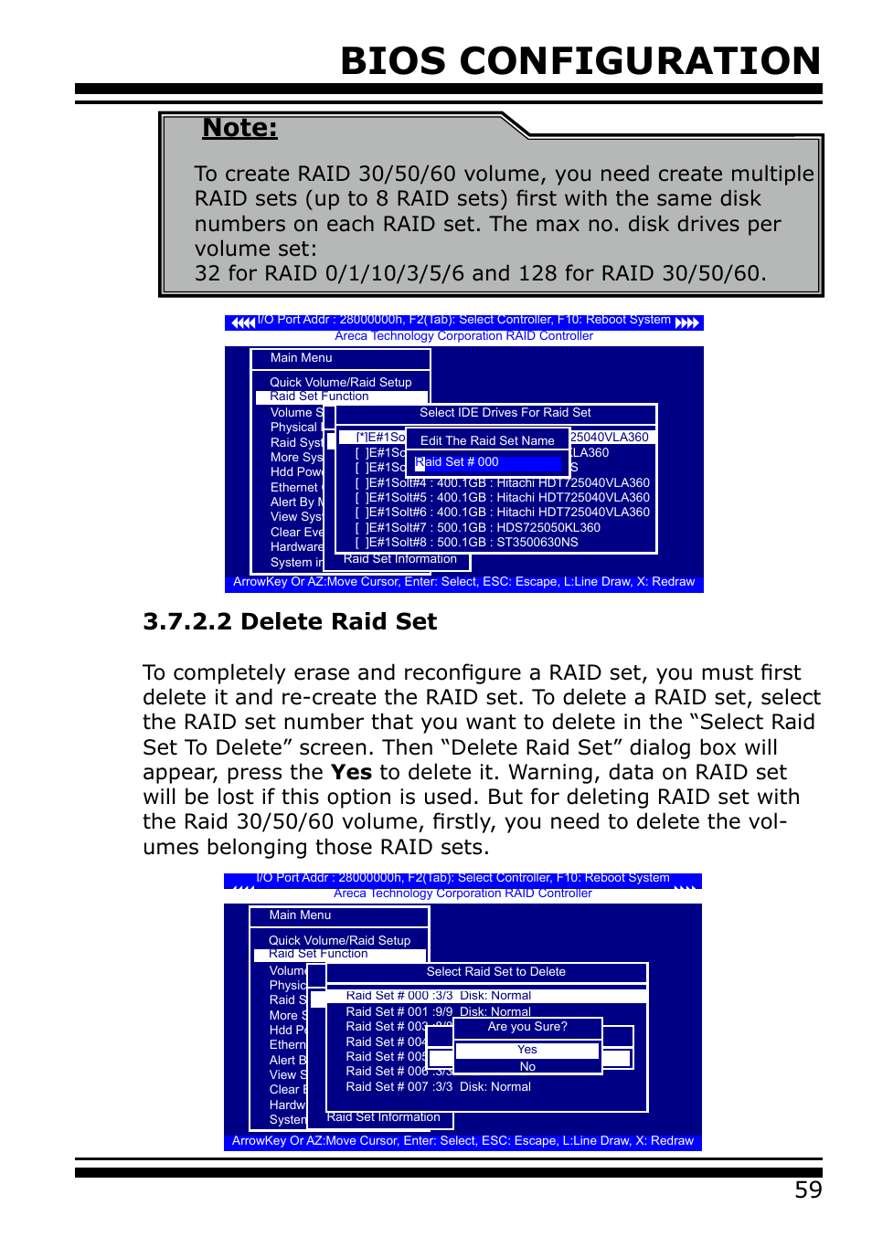 2 delete raid set, Bios configuration | Areca 24/4 Internal/External Port Pcie 3.0 12 Gb/s SAS/SATA Raid Controller 2Gb Cache User Manual | Page 59 / 264