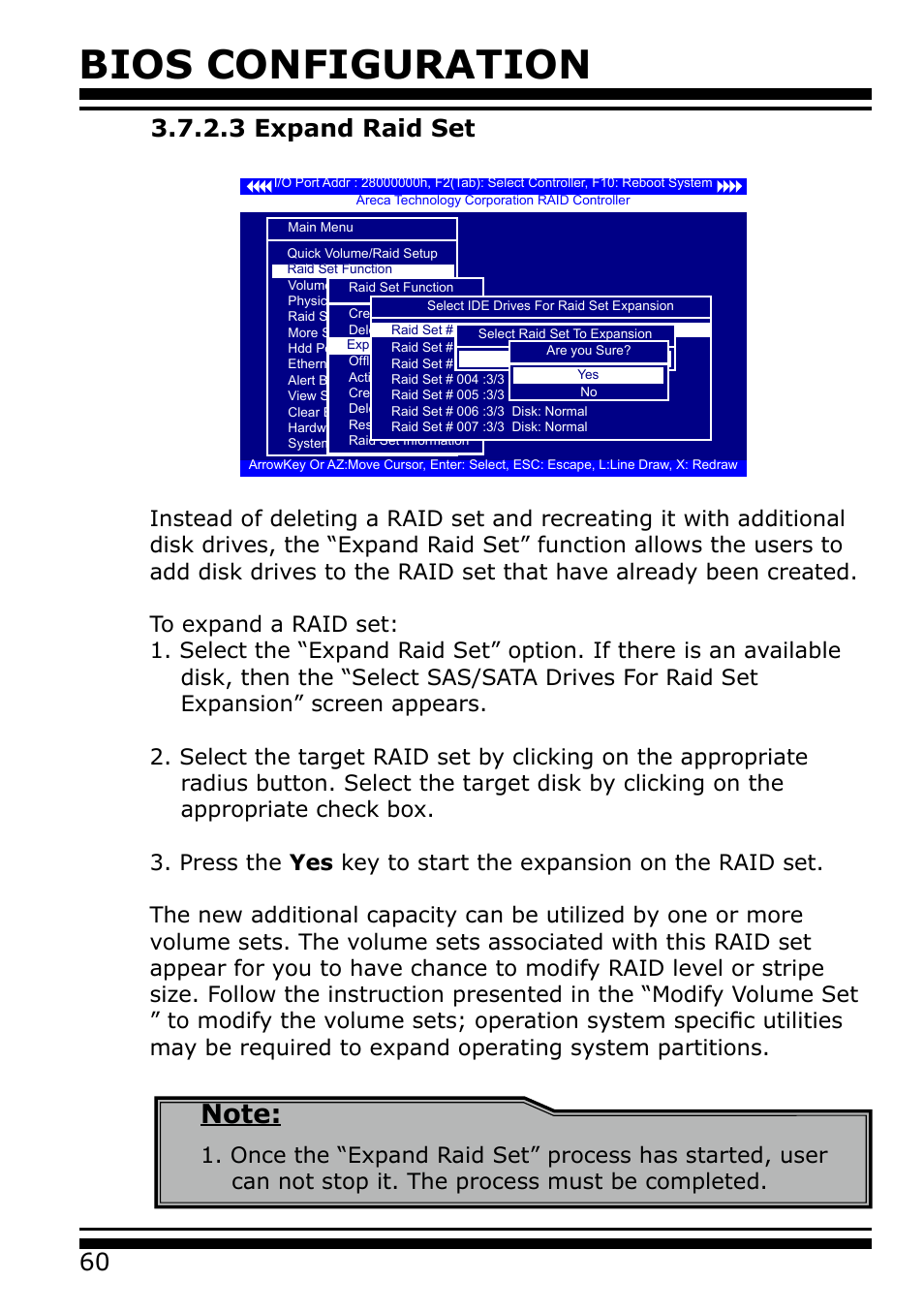 3 expand raid set, Bios configuration | Areca 24/4 Internal/External Port Pcie 3.0 12 Gb/s SAS/SATA Raid Controller 2Gb Cache User Manual | Page 60 / 264