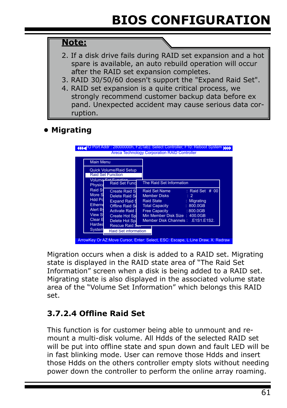4 offline raid set, Bios configuration, Migrating | Areca 24/4 Internal/External Port Pcie 3.0 12 Gb/s SAS/SATA Raid Controller 2Gb Cache User Manual | Page 61 / 264