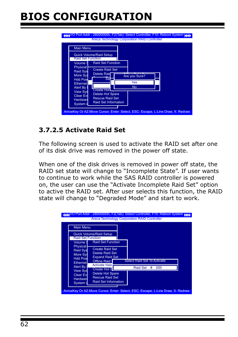 5 activate raid set, Bios configuration | Areca 24/4 Internal/External Port Pcie 3.0 12 Gb/s SAS/SATA Raid Controller 2Gb Cache User Manual | Page 62 / 264