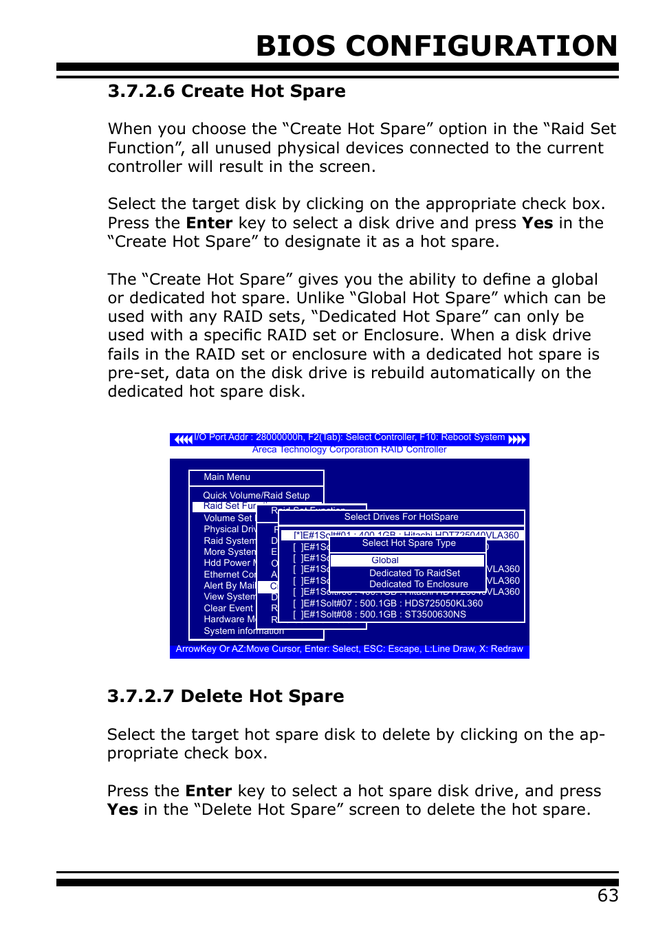 6 create hot spare, 7 delete hot spare, Bios configuration | Areca 24/4 Internal/External Port Pcie 3.0 12 Gb/s SAS/SATA Raid Controller 2Gb Cache User Manual | Page 63 / 264