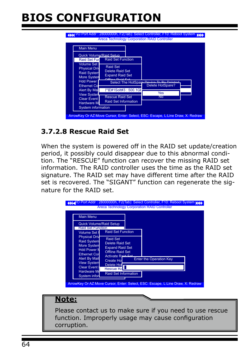 8 rescue raid set, Bios configuration | Areca 24/4 Internal/External Port Pcie 3.0 12 Gb/s SAS/SATA Raid Controller 2Gb Cache User Manual | Page 64 / 264