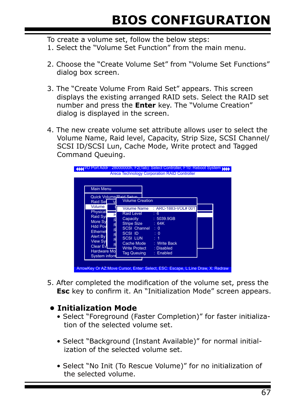 Bios configuration, Initialization mode | Areca 24/4 Internal/External Port Pcie 3.0 12 Gb/s SAS/SATA Raid Controller 2Gb Cache User Manual | Page 67 / 264