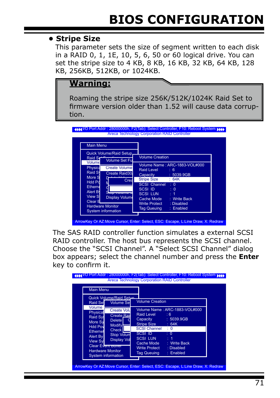 Stripe size, Bios configuration, Warning | Areca 24/4 Internal/External Port Pcie 3.0 12 Gb/s SAS/SATA Raid Controller 2Gb Cache User Manual | Page 71 / 264
