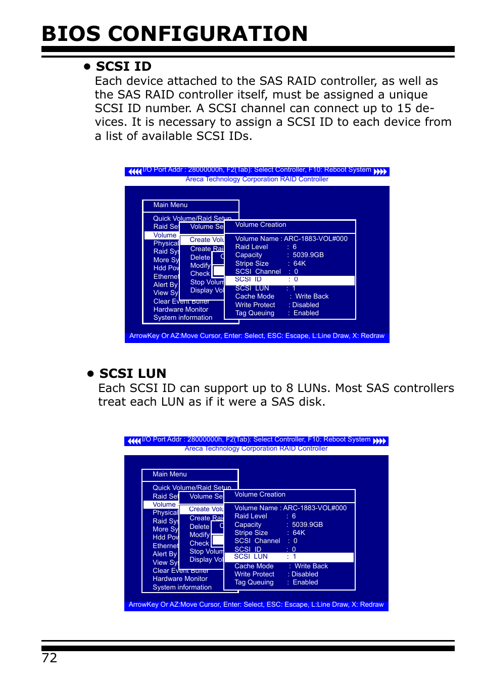 Scsi id, Bios configuration, Scsi lun | Areca 24/4 Internal/External Port Pcie 3.0 12 Gb/s SAS/SATA Raid Controller 2Gb Cache User Manual | Page 72 / 264