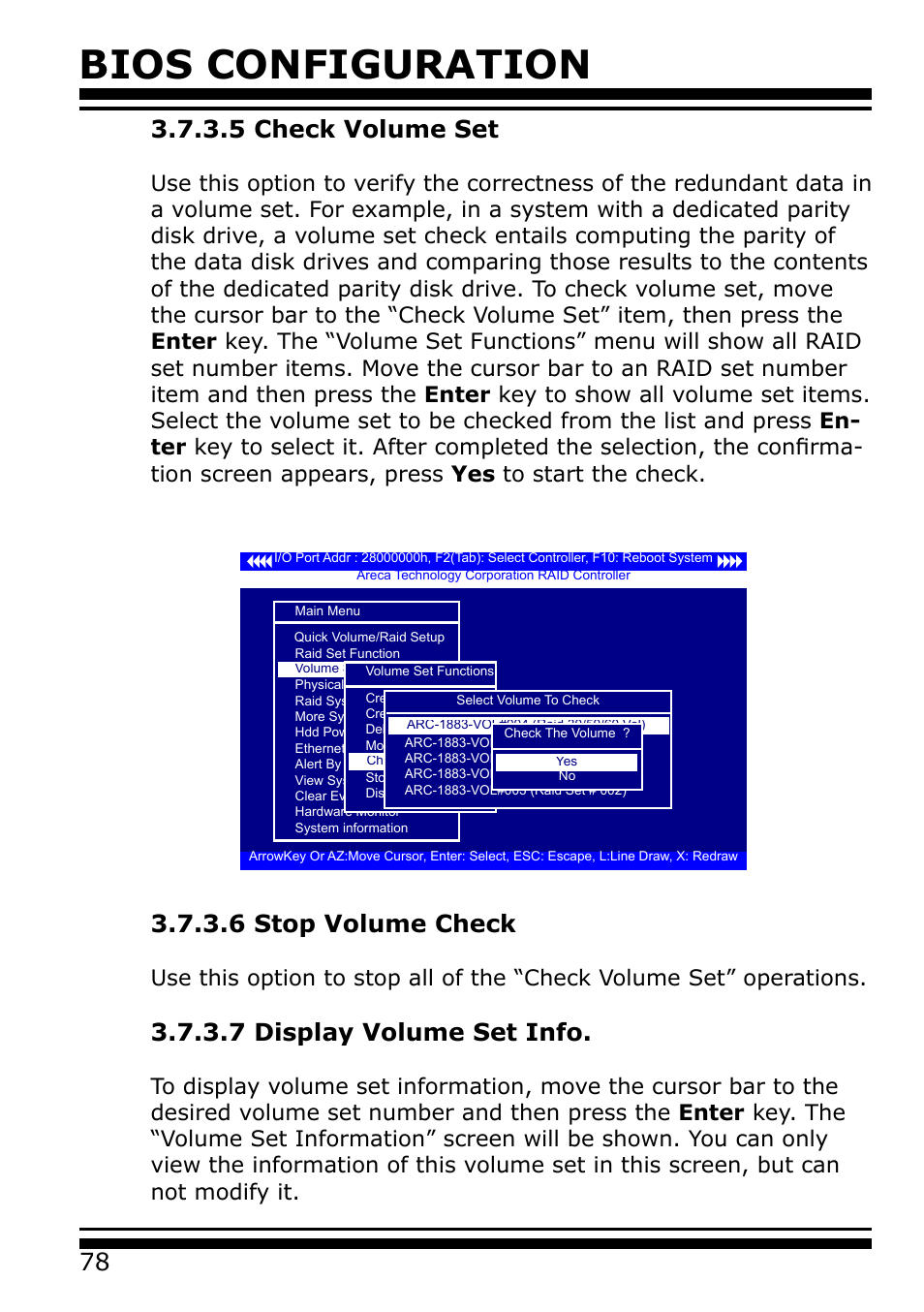 5 check volume set, 6 stop volume check, 7 display volume set info | Bios configuration | Areca 24/4 Internal/External Port Pcie 3.0 12 Gb/s SAS/SATA Raid Controller 2Gb Cache User Manual | Page 78 / 264