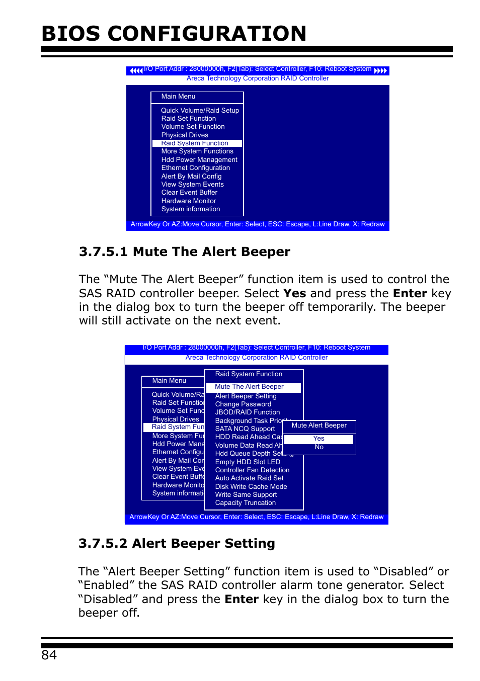 1 mute the alert beeper, 2 alert beeper setting, Bios configuration | Areca 24/4 Internal/External Port Pcie 3.0 12 Gb/s SAS/SATA Raid Controller 2Gb Cache User Manual | Page 84 / 264