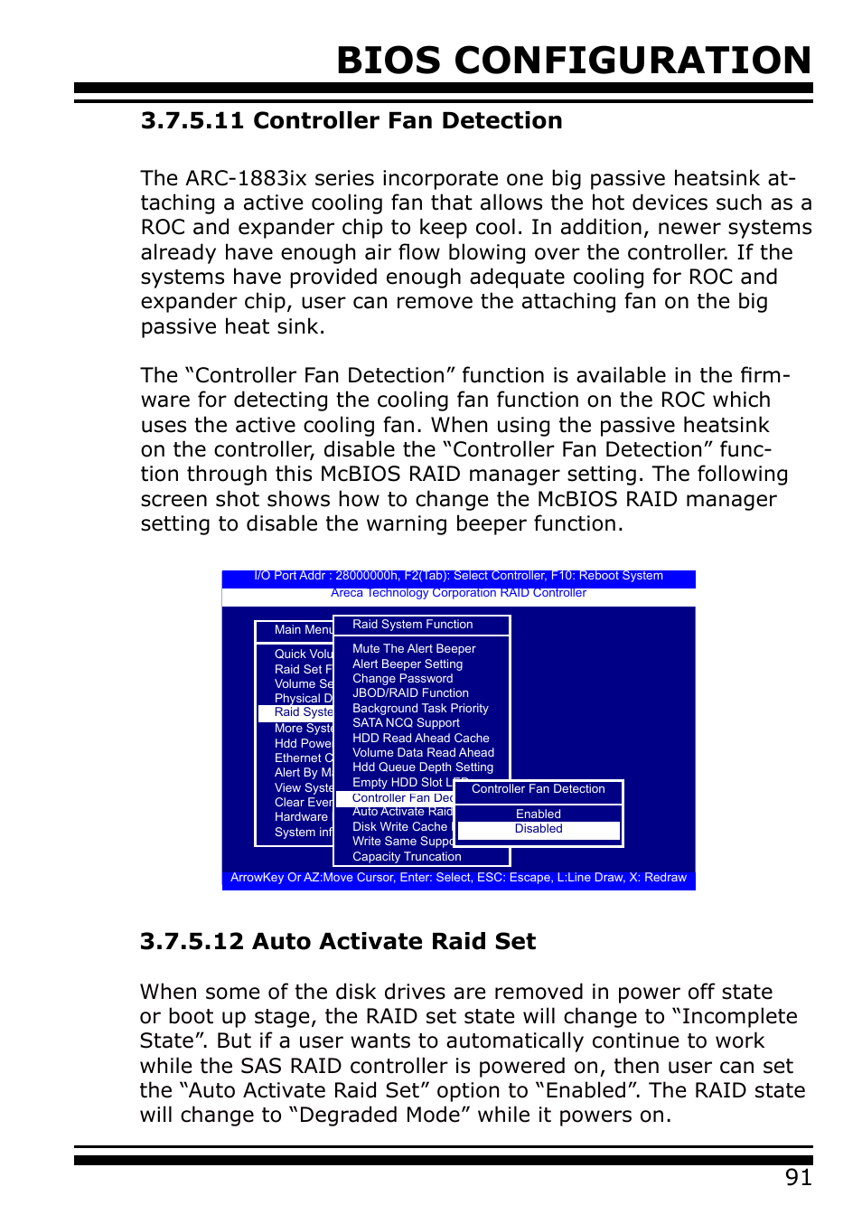 11 controller fan detection, 12 auto activate raid set, Bios configuration | Areca 24/4 Internal/External Port Pcie 3.0 12 Gb/s SAS/SATA Raid Controller 2Gb Cache User Manual | Page 91 / 264