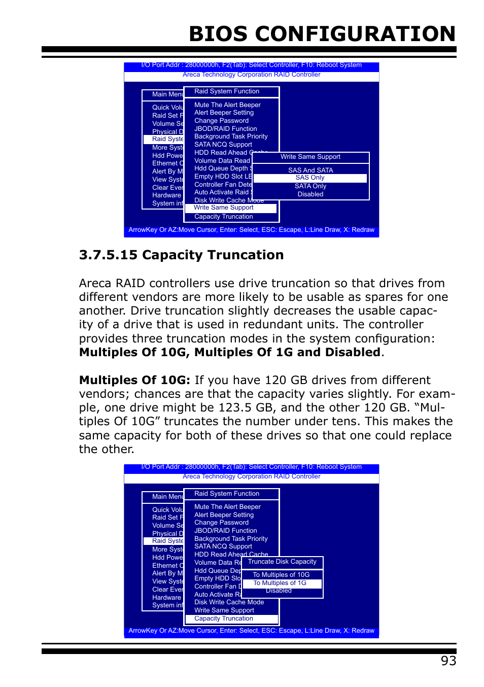 15 capacity truncation, Bios configuration | Areca 24/4 Internal/External Port Pcie 3.0 12 Gb/s SAS/SATA Raid Controller 2Gb Cache User Manual | Page 93 / 264