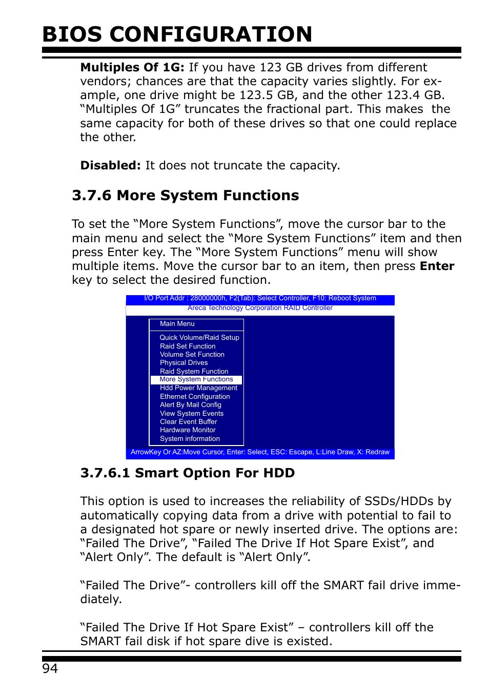6 more system functions, 1 smart option for hdd, Bios configuration | Areca 24/4 Internal/External Port Pcie 3.0 12 Gb/s SAS/SATA Raid Controller 2Gb Cache User Manual | Page 94 / 264