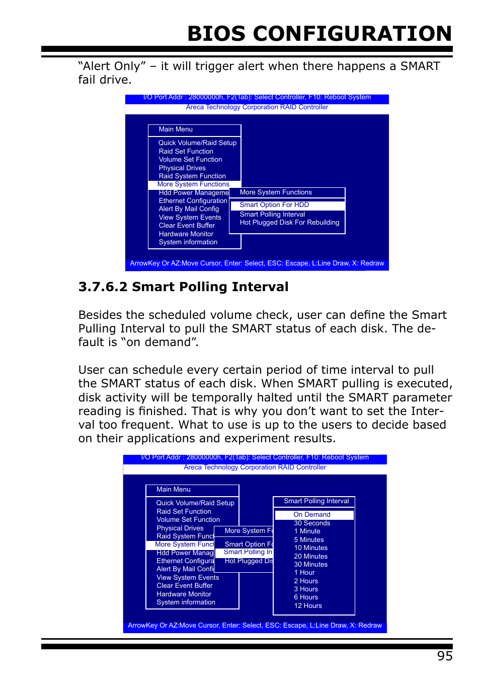 2 smart polling interval, Bios configuration | Areca 24/4 Internal/External Port Pcie 3.0 12 Gb/s SAS/SATA Raid Controller 2Gb Cache User Manual | Page 95 / 264