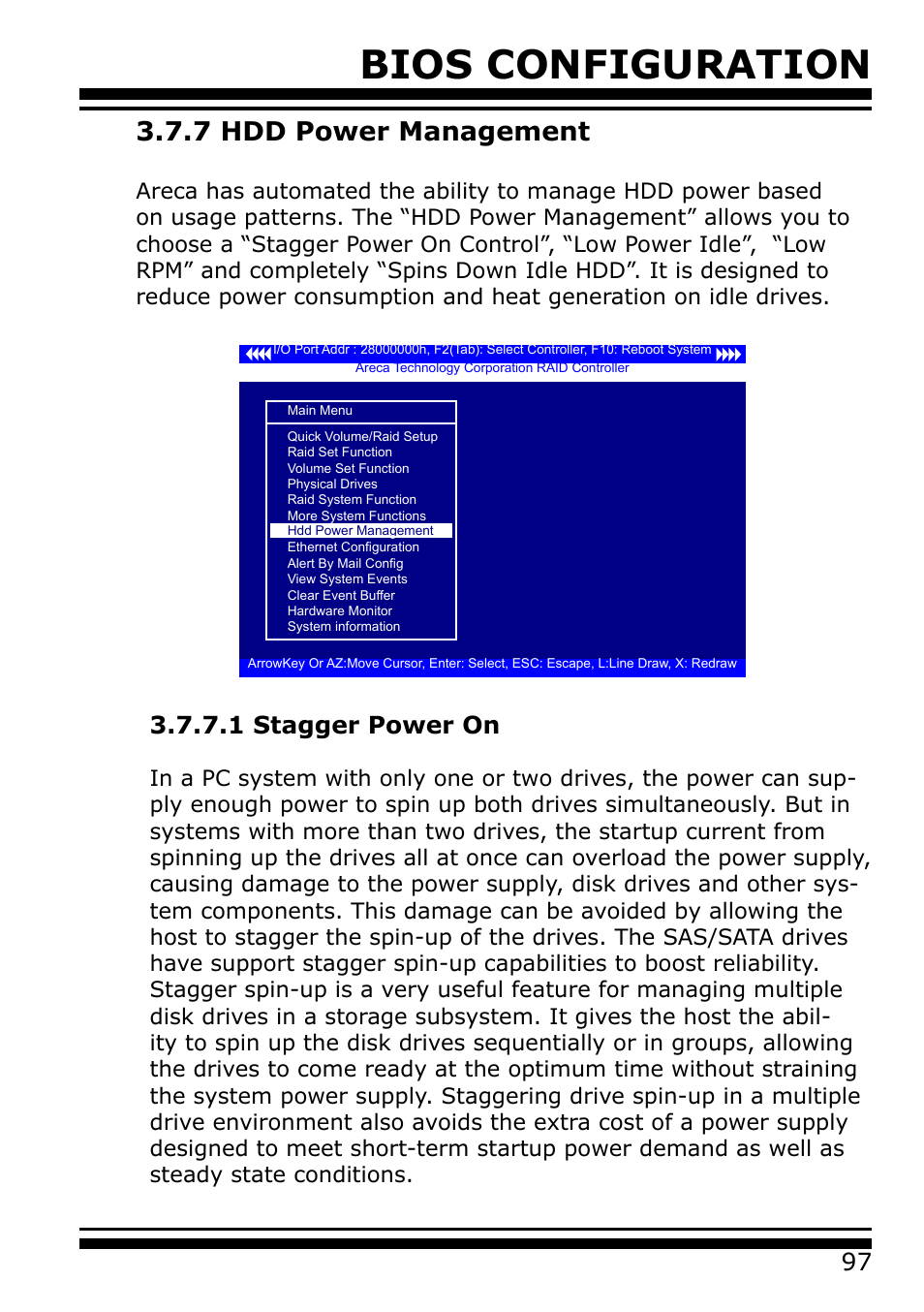 7 hdd power management, 1 stagger power on, Bios configuration | Areca 24/4 Internal/External Port Pcie 3.0 12 Gb/s SAS/SATA Raid Controller 2Gb Cache User Manual | Page 97 / 264