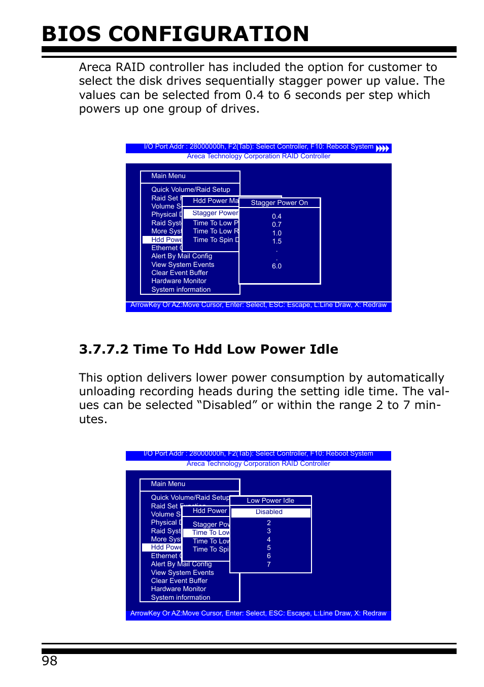 2 time to hdd low power idle, Bios configuration | Areca 24/4 Internal/External Port Pcie 3.0 12 Gb/s SAS/SATA Raid Controller 2Gb Cache User Manual | Page 98 / 264