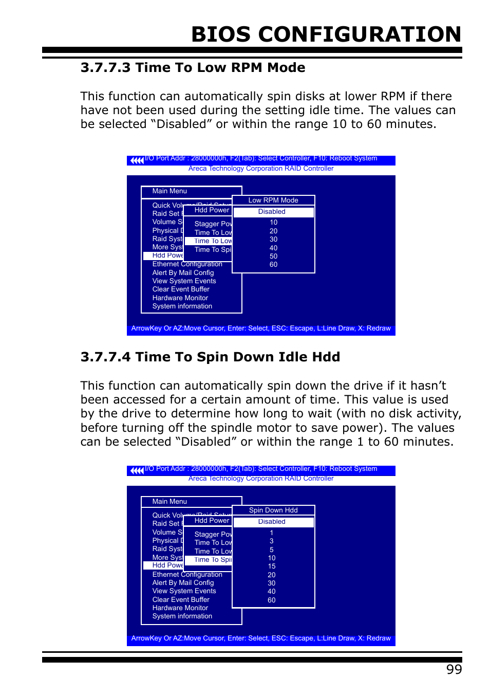 3 time to low rpm mode, 4 time to spin down idle hdd, Bios configuration | Areca 24/4 Internal/External Port Pcie 3.0 12 Gb/s SAS/SATA Raid Controller 2Gb Cache User Manual | Page 99 / 264