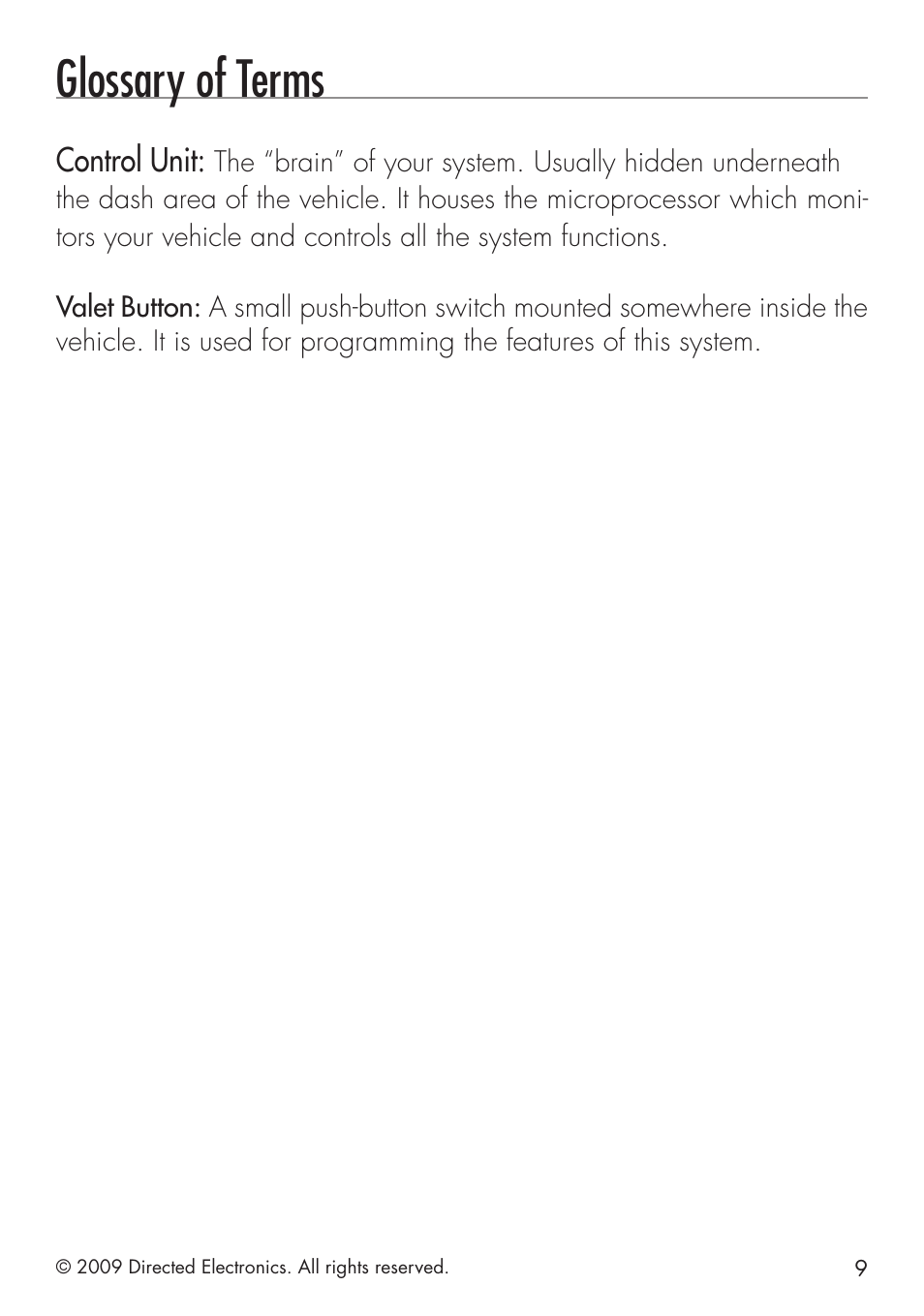 Glossary of terms | Directed Electronics AVITAL 4003 User Manual | Page 11 / 20