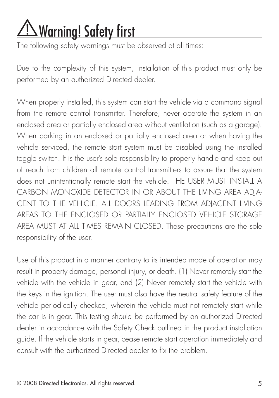 Warning! safety first | Directed Electronics G4203P User Manual | Page 5 / 20