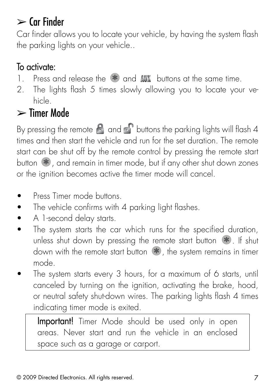 Car finder, Timer mode, Important | Directed Electronics AVITAL 4603 User Manual | Page 13 / 28