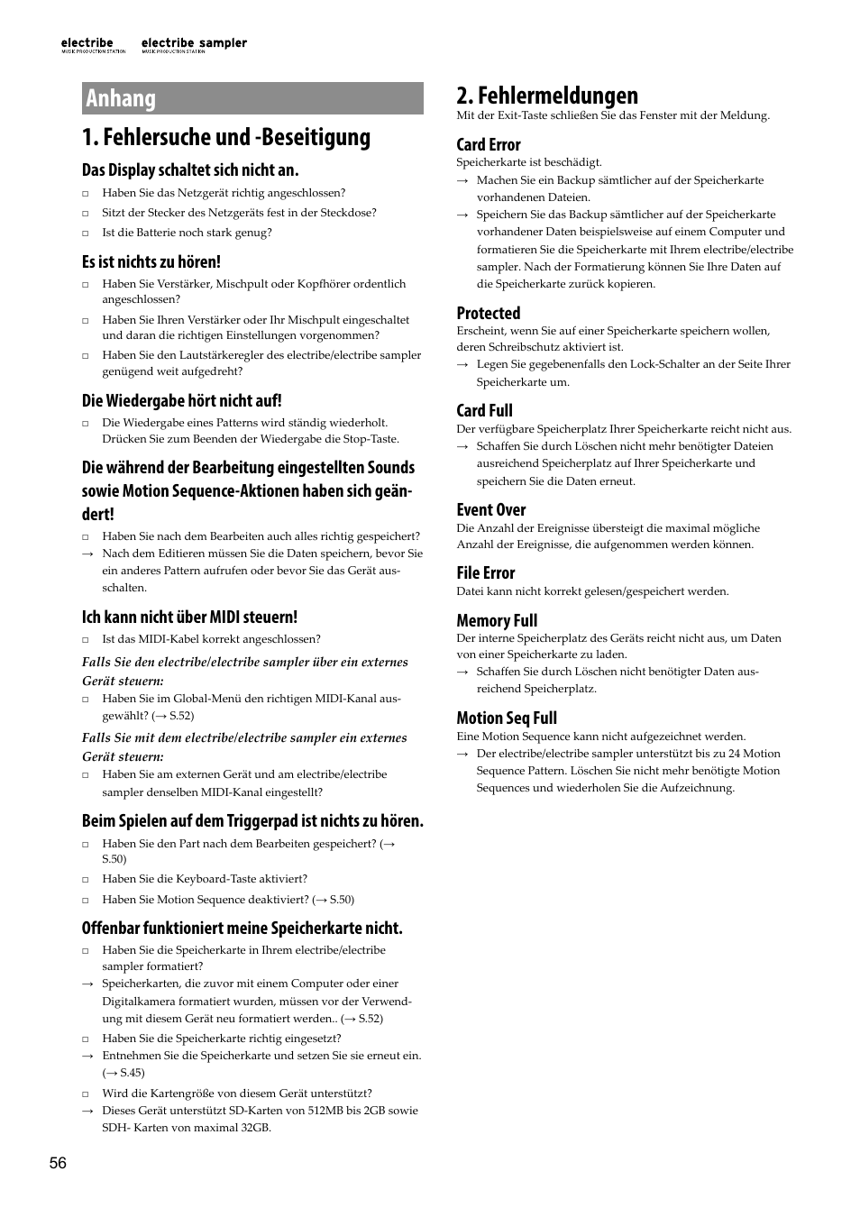 Anhang, Fehlersuche und -beseitigung, Fehlermeldungen | Fehlersuche und -beseitigung 2. fehlermeldungen, Anhang 1. fehlersuche und -beseitigung, Das display schaltet sich nicht an, Es ist nichts zu hören, Die wiedergabe hört nicht auf, Ich kann nicht über midi steuern, Offenbar funktioniert meine speicherkarte nicht | KORG Electribe Sampler Music Production Station with V2.0 Software (Red) User Manual | Page 56 / 112