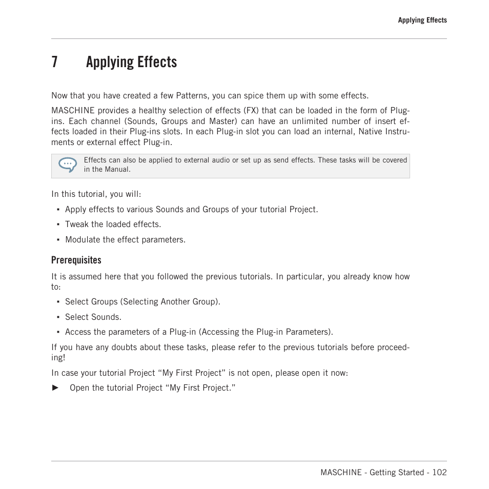 Applying effects, 7, applying effects, 7applying effects | Prerequisites | Native Instruments MASCHINE MK3 Groove Production Studio (Black) User Manual | Page 102 / 209