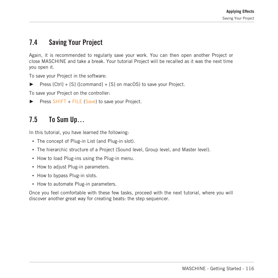 Saving your project, To sum up, 4 saving your project | 5 to sum up | Native Instruments MASCHINE MK3 Groove Production Studio (Black) User Manual | Page 116 / 209