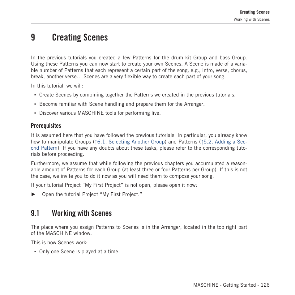 Creating scenes, Working with scenes, 9, creating scenes | 9creating scenes, 1 working with scenes, Prerequisites | Native Instruments MASCHINE MK3 Groove Production Studio (Black) User Manual | Page 126 / 209