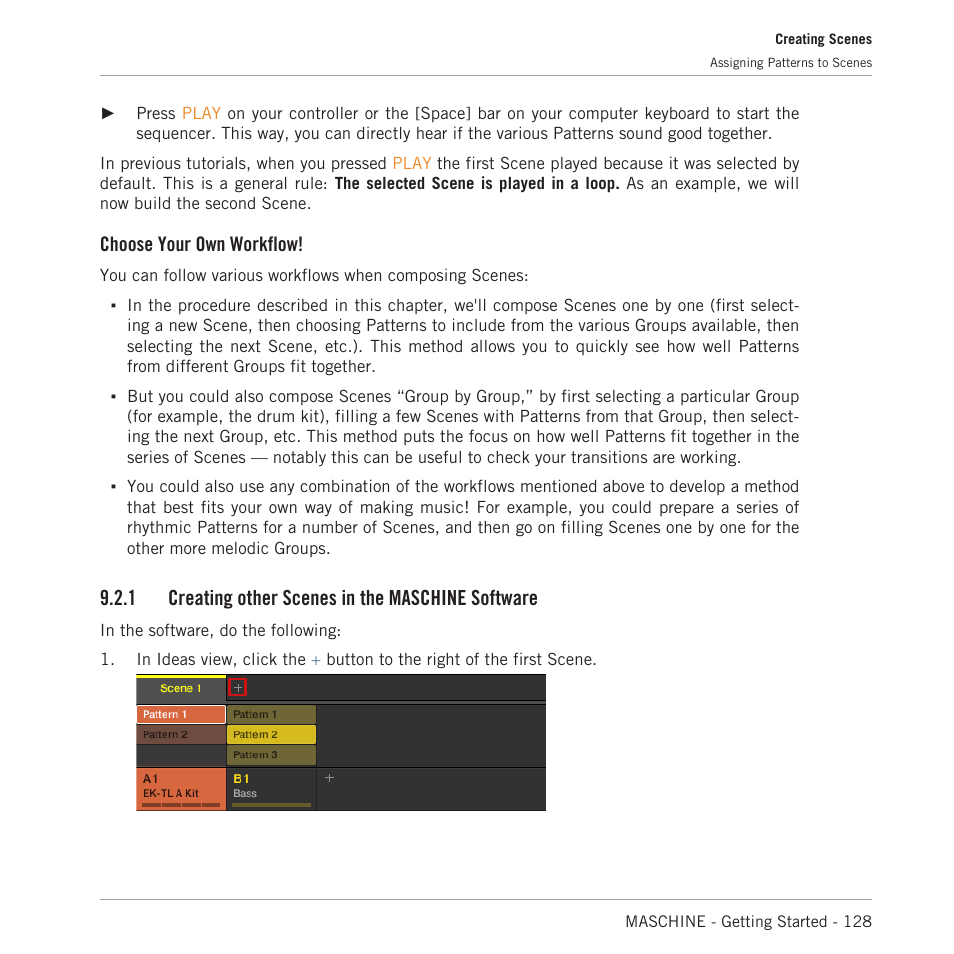 Creating other scenes in the maschine software, Choose your own workflow, 1 creating other scenes in the maschine software | Native Instruments MASCHINE MK3 Groove Production Studio (Black) User Manual | Page 128 / 209