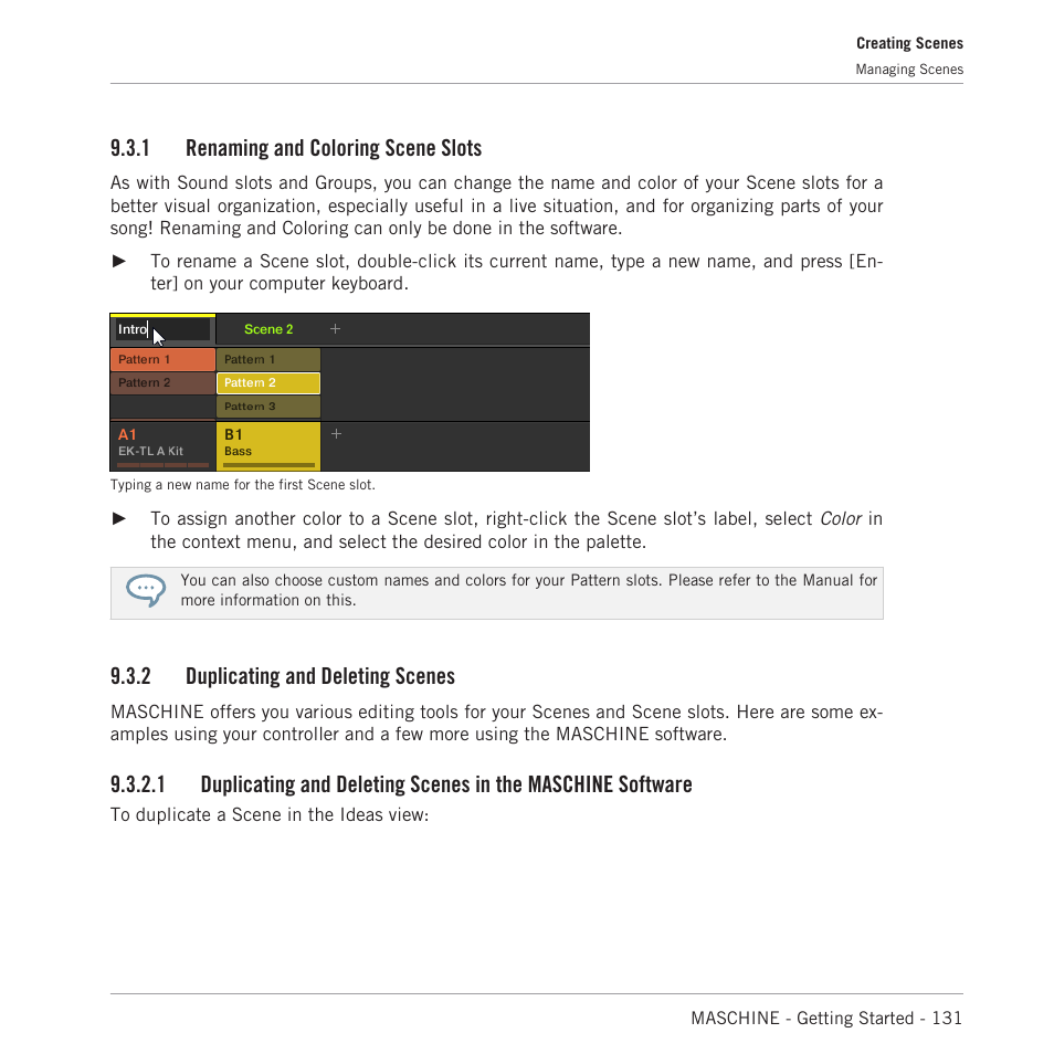 Renaming and coloring scene slots, Duplicating and deleting scenes, 1 renaming and coloring scene slots | 2 duplicating and deleting scenes | Native Instruments MASCHINE MK3 Groove Production Studio (Black) User Manual | Page 131 / 209