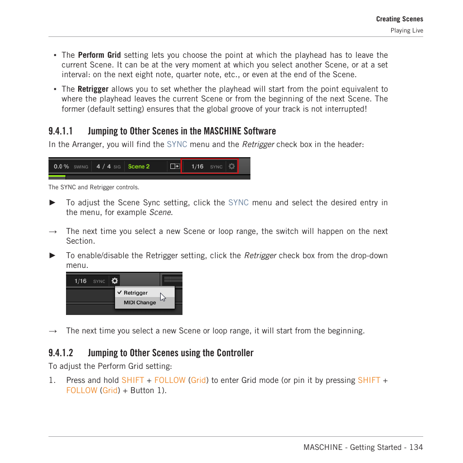 Jumping to other scenes in the maschine software, Jumping to other scenes using the controller, 1 jumping to other scenes in the maschine software | 2 jumping to other scenes using the controller | Native Instruments MASCHINE MK3 Groove Production Studio (Black) User Manual | Page 134 / 209
