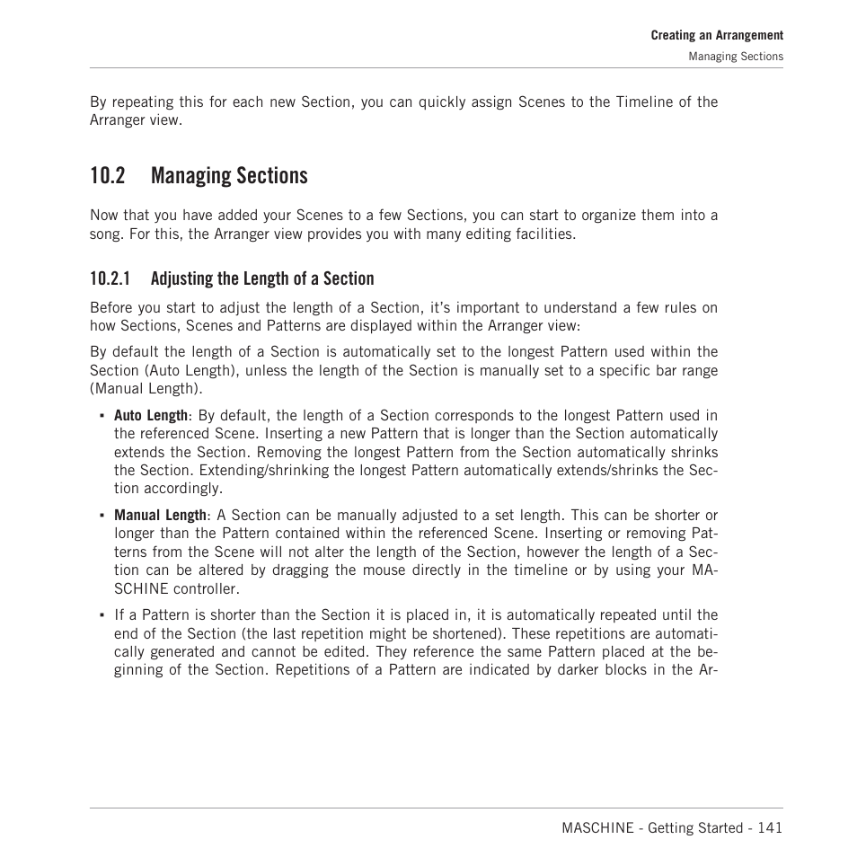 Managing sections, Adjusting the length of a section | Native Instruments MASCHINE MK3 Groove Production Studio (Black) User Manual | Page 141 / 209