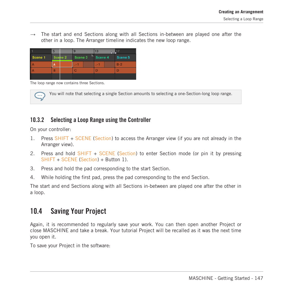 Selecting a loop range using the controller, Saving your project, 4 saving your project | 2 selecting a loop range using the controller | Native Instruments MASCHINE MK3 Groove Production Studio (Black) User Manual | Page 147 / 209